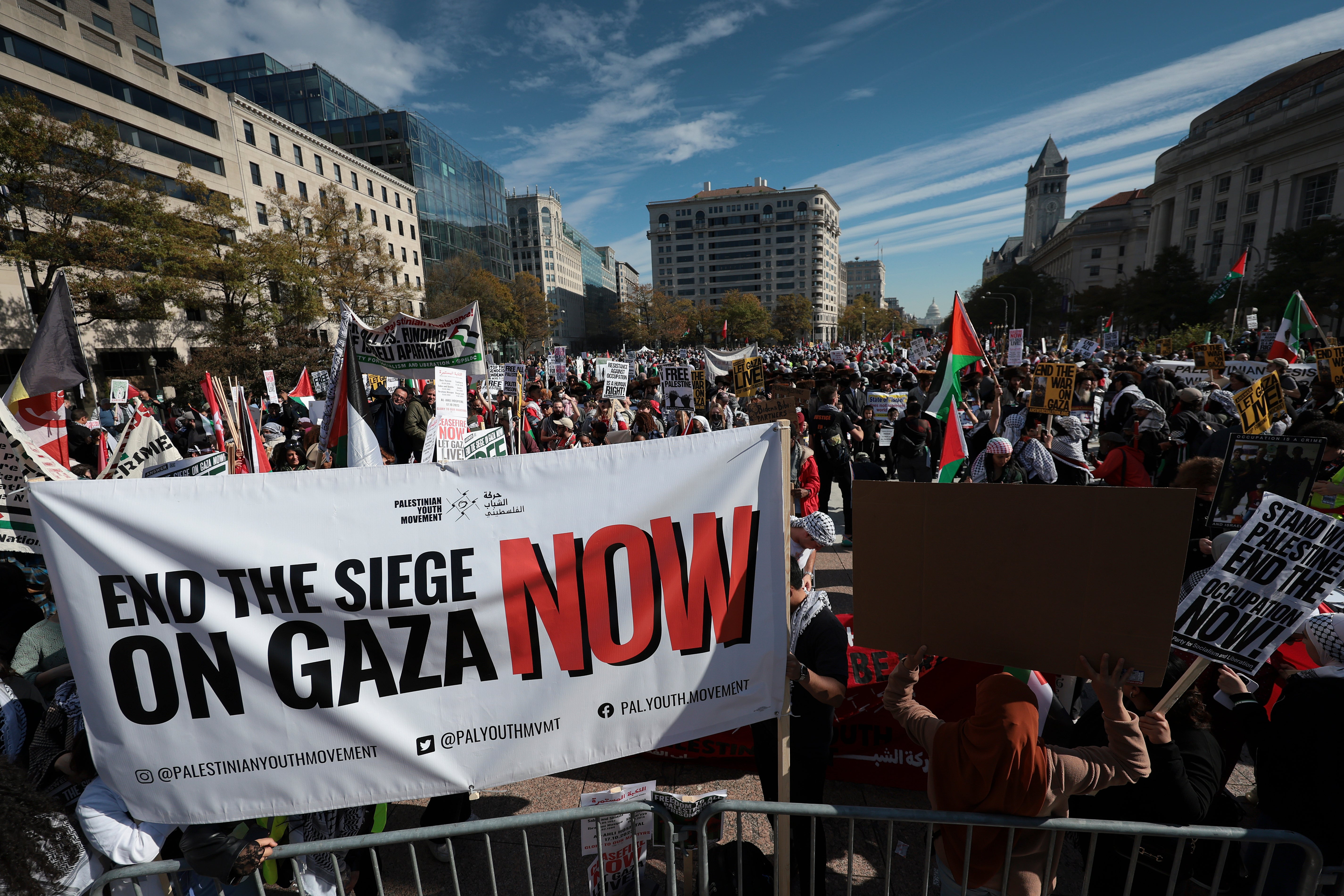 People gather during the National March on Washington for Palestine while calling for a ceasefire between Israel and Hamas on November 4, 2023 in Washington, DC