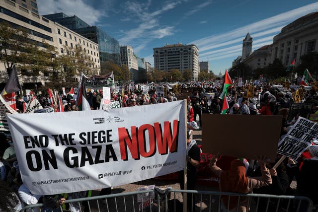 <p>People gather during the National March on Washington for Palestine while calling for a ceasefire between Israel and Hamas on November 4, 2023 in Washington, DC</p>