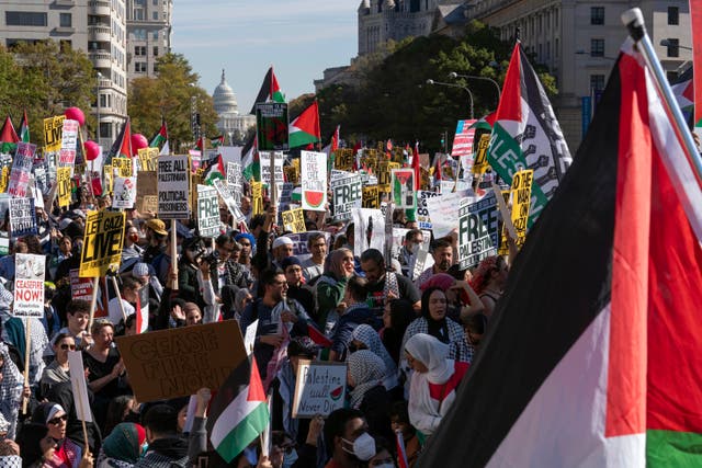 <p>With the U.S Capitol in the background, thousands of protesters rally during a pro-Palestinian demonstration at Freedom Plaza in Washington, Saturday, Nov. 4, 2023</p>