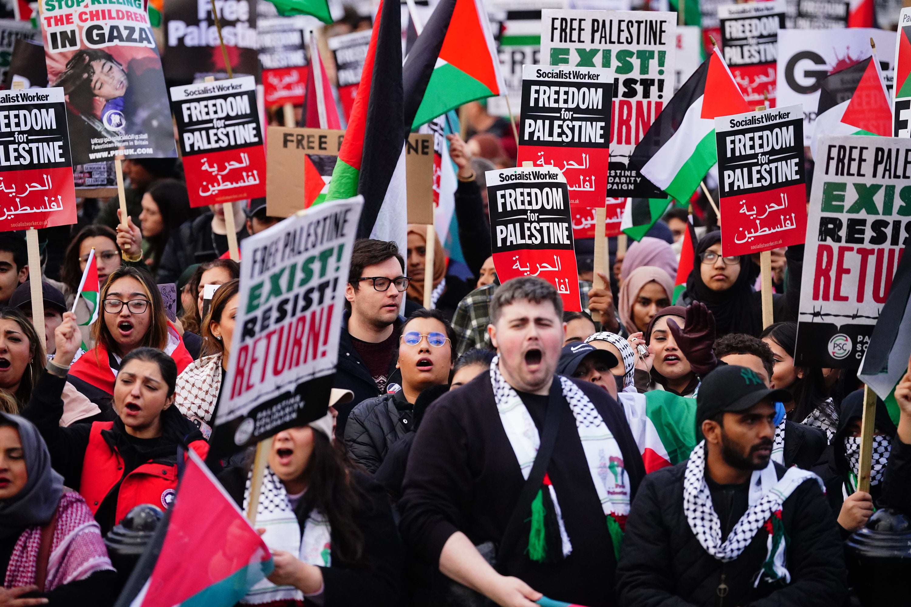 People at a rally in Trafalgar Square, London, last weekend during Stop the War coalition's call for a Palestine ceasefire
