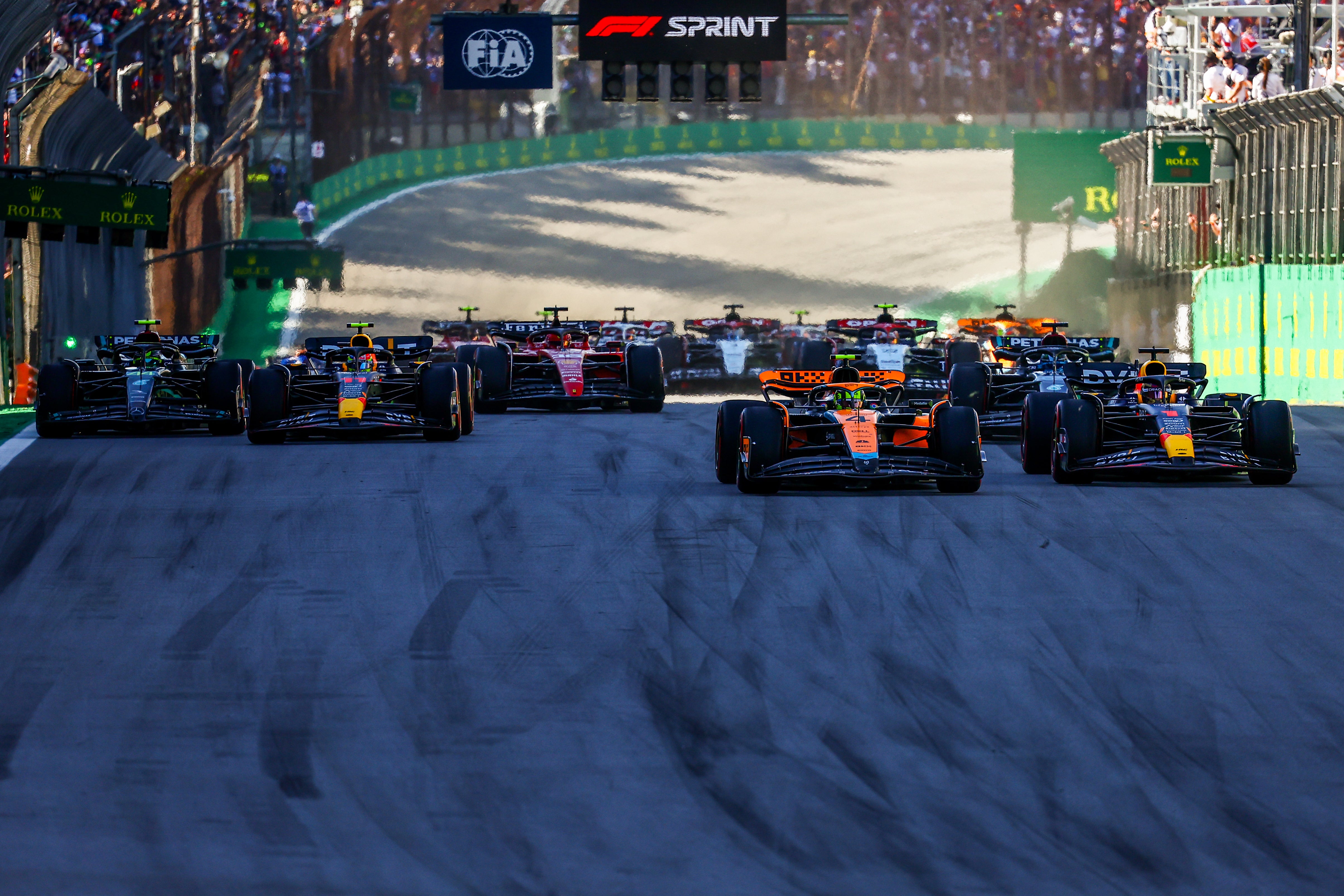 Max Verstappen thwarted Lando Norris’ bid for a first F1 win in the sprint race in Brazil
