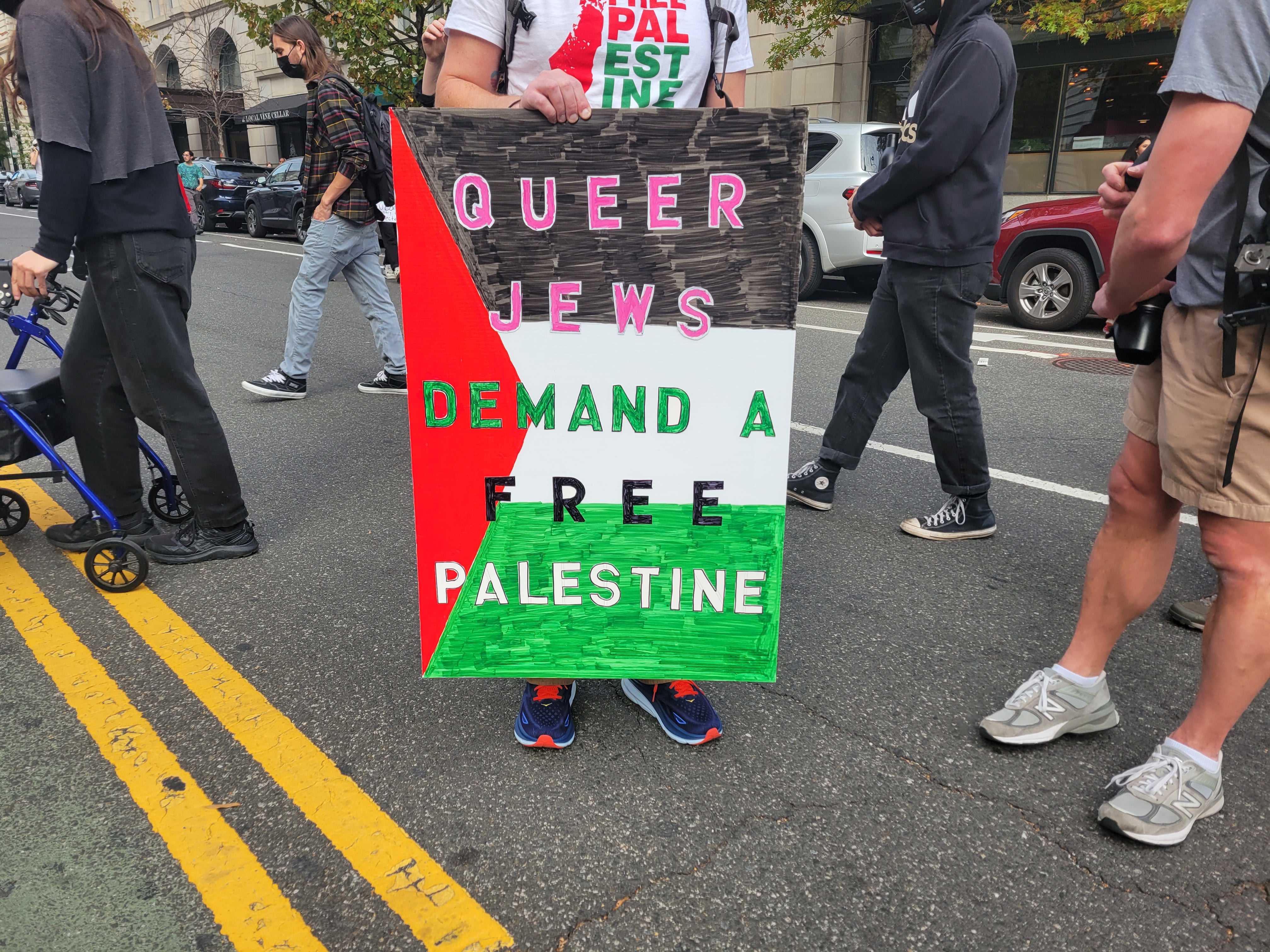 A man holds a sign at Saturday’s March for Palestine in Washington DC