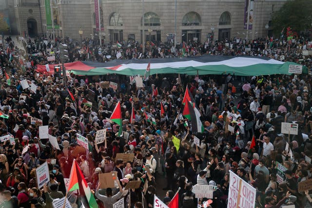 <p>Tens of thousands of protesters gathered in Freedom Plaza and the surrounding blocks of Washington DC on Saturday to protest the occupation of Palestine by Israel</p>