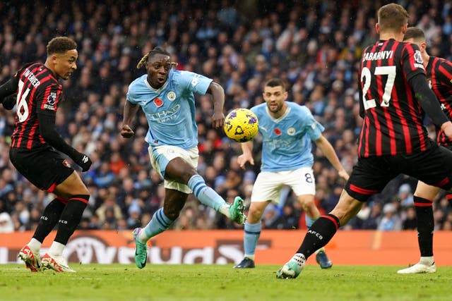 Jeremy Doku shone as Manchester City thrashed Bournemouth (Mike Egerton/PA)