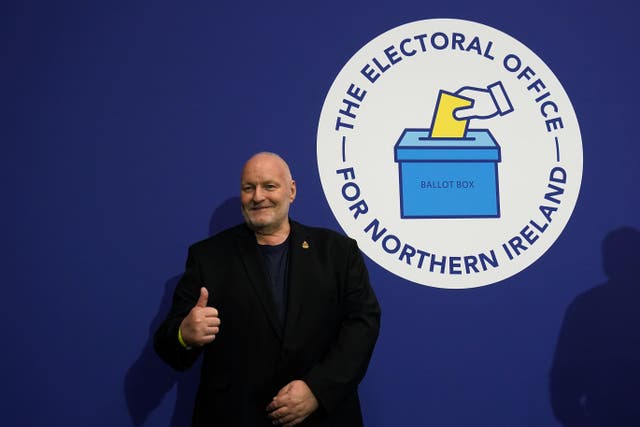 Democratic Unionist Party’s David Hilditch celebrates his election at Ulster University Jordanstown count centre in Newtownabbey (Brian Lawless/PA)