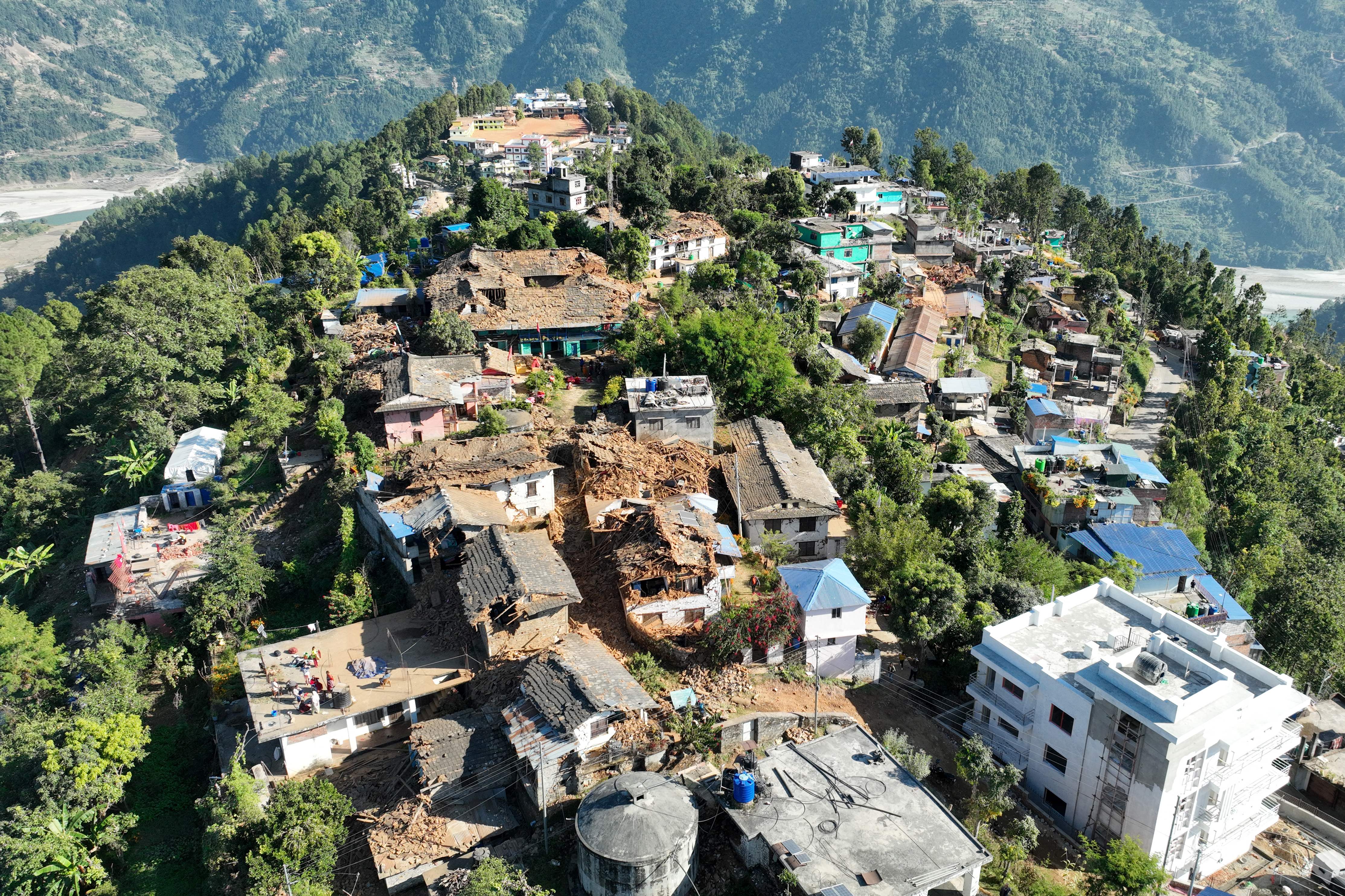 An aerial picture shows damaged buildings in Jajarkot district following an overnight 5.6-magnitude earthquake