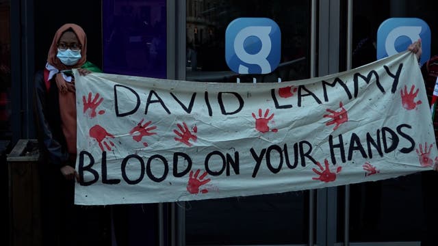 <p>Protesters chant outside LBC following David Lammy’s comments on Gaza airstrike</p>