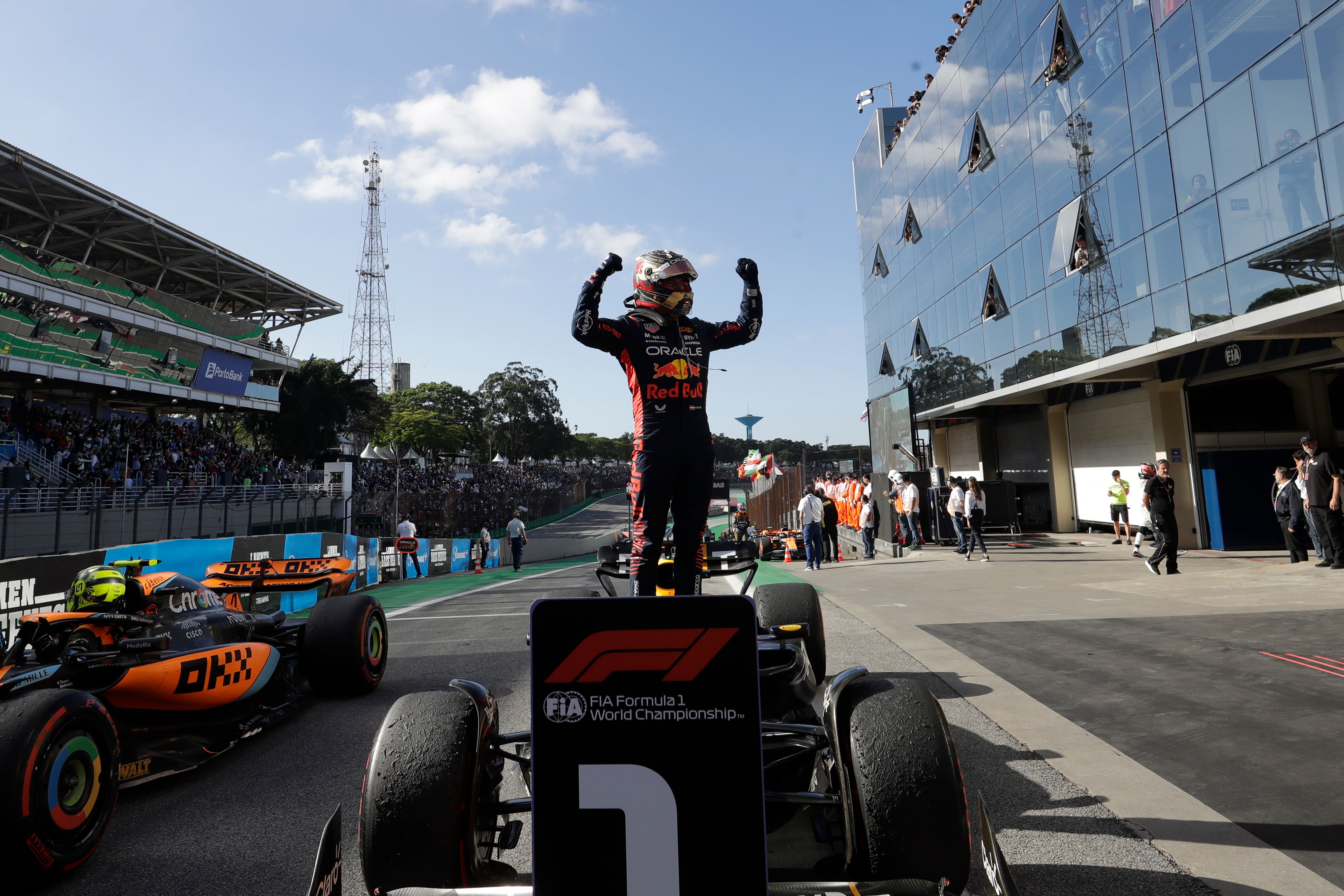 Red Bull driver Max Verstappen celebrates his victory at Interlagos