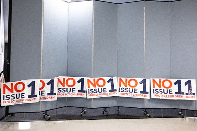 <p>‘No issue 1’ signs are seen at Columbus Christian Center ahead of Election Day at a pro-life canvasing meeting in Columbus, Ohio on 4 November 2023</p>