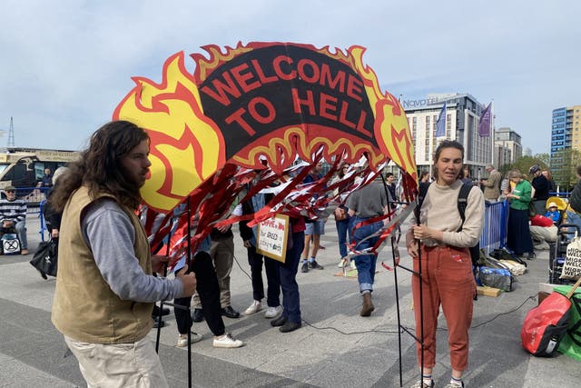 Climate protesters gathering ahead of oil giant Shell’s annual general meeting (Rebecca Speare-Cole/PA)