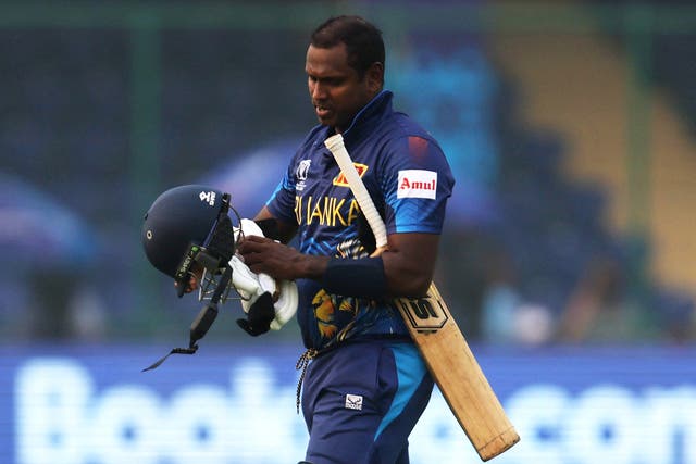 <p>Angelo Mathews was timed out against Bangladesh</p>