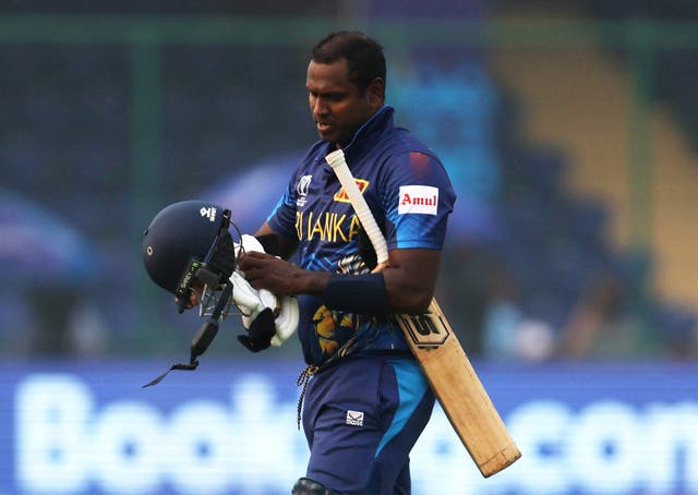 <p>Angelo Mathews was timed out against Bangladesh</p>