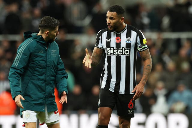 <p>Jamaal Lascelles (right) was refused a handshake by Jorginho </p>