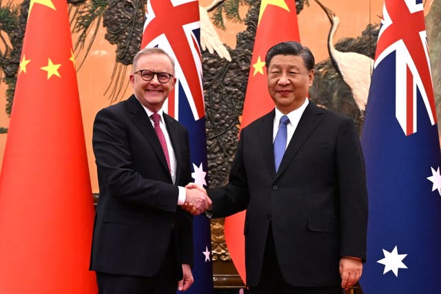 <p>Australian Prime Minister Anthony Albanese meets with Chinese President Xi Jinping at the Great Hall of the People in Beijing, China</p>