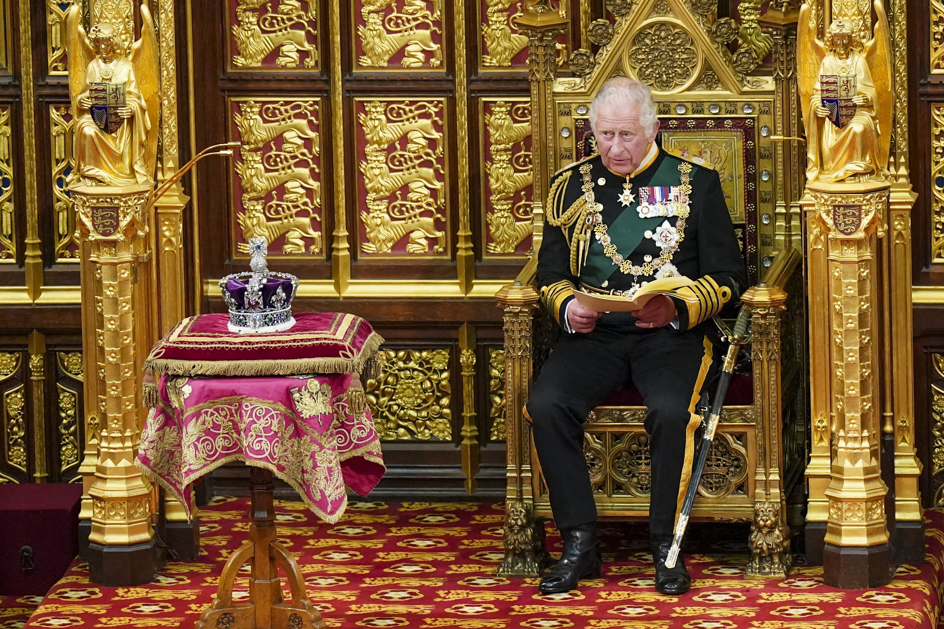 Charles, then the Prince of Wales, reading the the Queen's Speech during the State Opening of Parliament in the House of Lords in May 2022