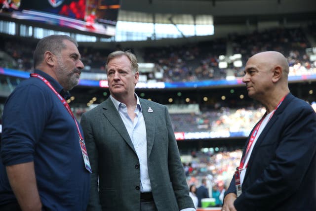 Tottenham head coach Ange Postecoglou (left) and chairman Daniel Levy (right) alongside NFL commissioner Roger Goodell (Simon Marper/PA)