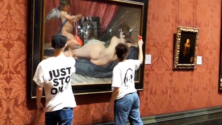 <p>Moment Just Stop Oil protesters smash National Gallery painting.</p>