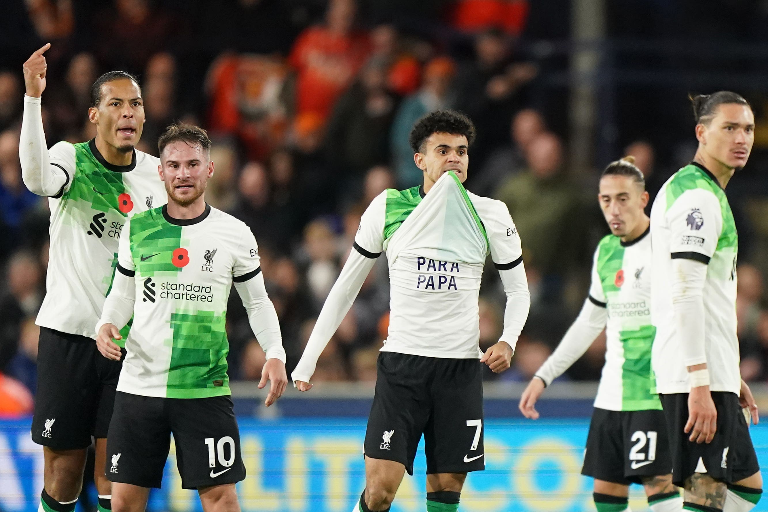 Liverpool’s Luis Diaz (centre) celebrates scoring the equaliser against Luton (Zac Goodwin/PA).