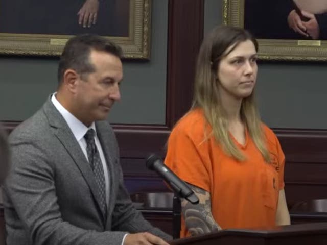 <p>Shanna Gardner, right, is accused of orchestrating the murder of her ex-husband, Jared Bridegan, appears at a court hearing in November 2023 with her attorney, Jose Baez, left</p>