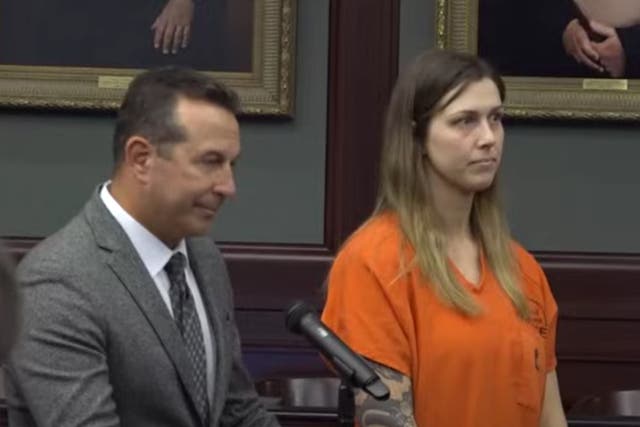 <p>Shanna Gardner, right, who is accused of orchestrating the murder of her ex-husband, Jared Bridegan, appears at a court hearing with her attorney, Jose Baez, left</p>