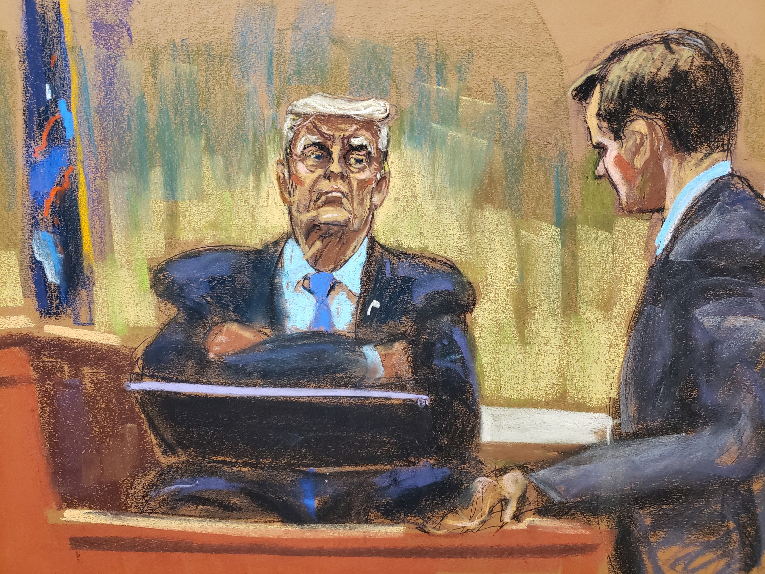 Another courtroom sketch of Donald Trump testifying on stand