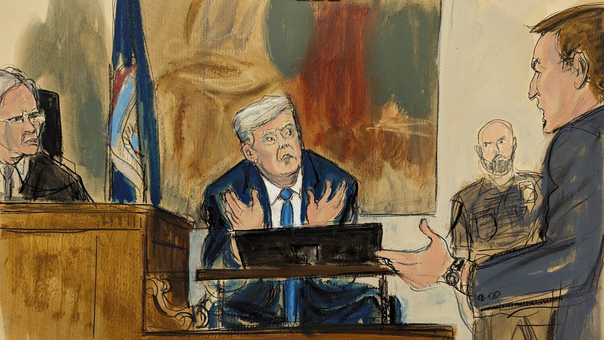 A courtroom sketch depicts Donald Trump on the witness stand during his testimony under questioning from counsel with the office of New York Attorney General on 6 November
