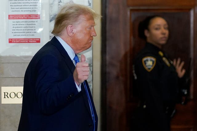 <p>Former President Donald Trump returns to the courtroom after a break in proceedings at New York Supreme Court, Monday, Nov. 6, 2023, in New York</p>
