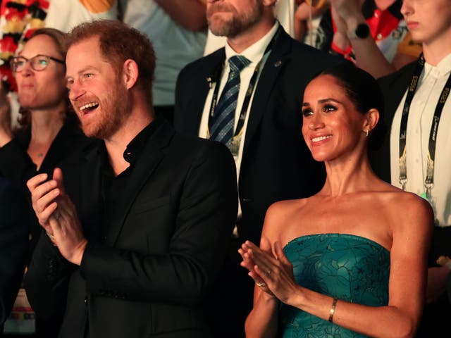 <p>Prince Harry, Duke of Sussex and Meghan, Duchess of Sussex applaud during the closing ceremony of the Invictus Games D??sseldorf 2023 at Merkur Spiel-Arena on 16 September 2023 in Duesseldorf, Germany. </p>