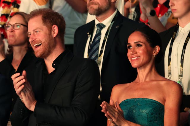 <p>Prince Harry, Duke of Sussex and Meghan, Duchess of Sussex applaud during the closing ceremony of the Invictus Games DÃ¼sseldorf 2023 at Merkur Spiel-Arena on 16 September 2023 in Duesseldorf, Germany. </p>