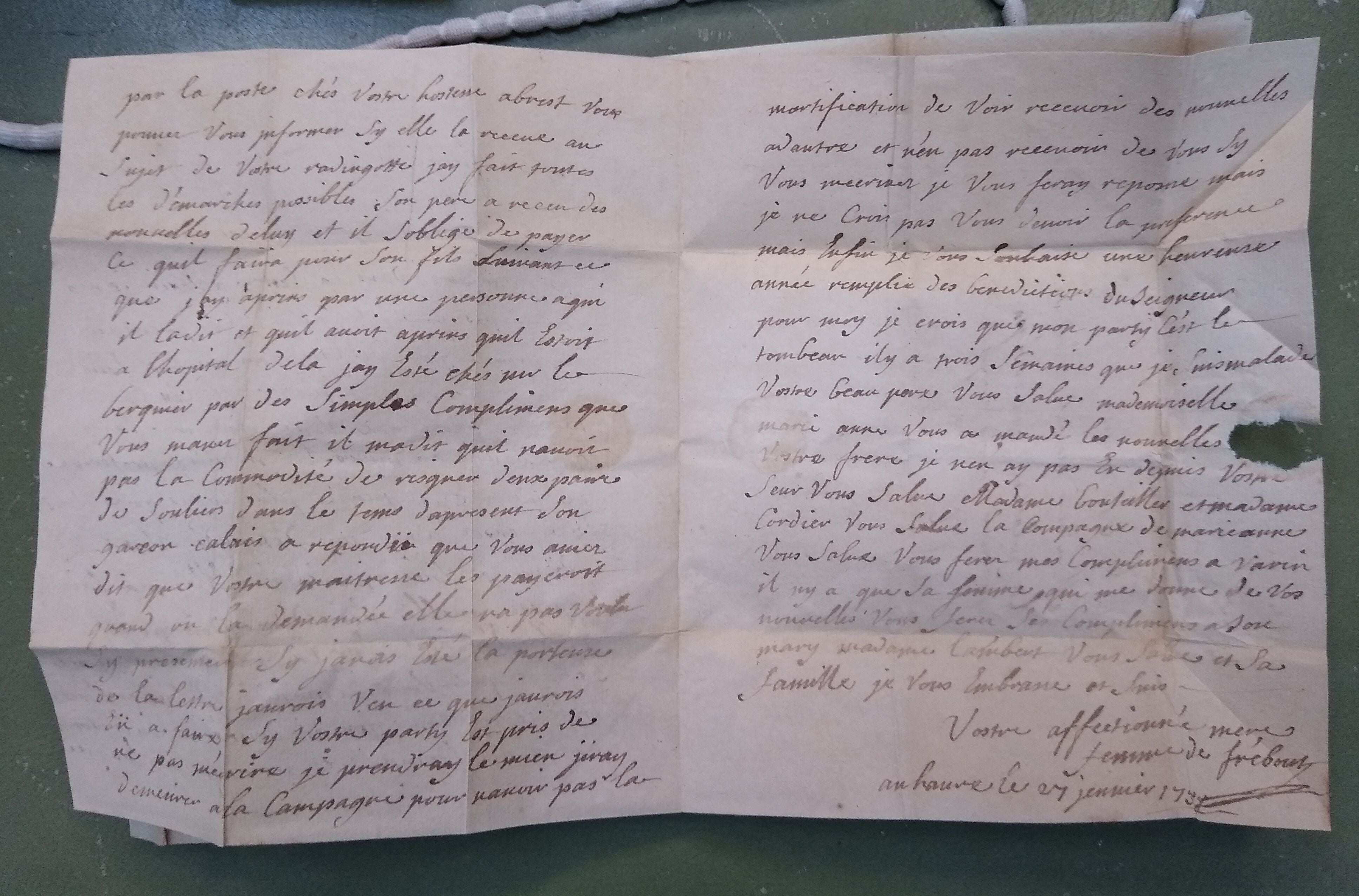 The letter from Marguerite Quesnel to her son Nicolas Quesnel dated 27 January 1758
