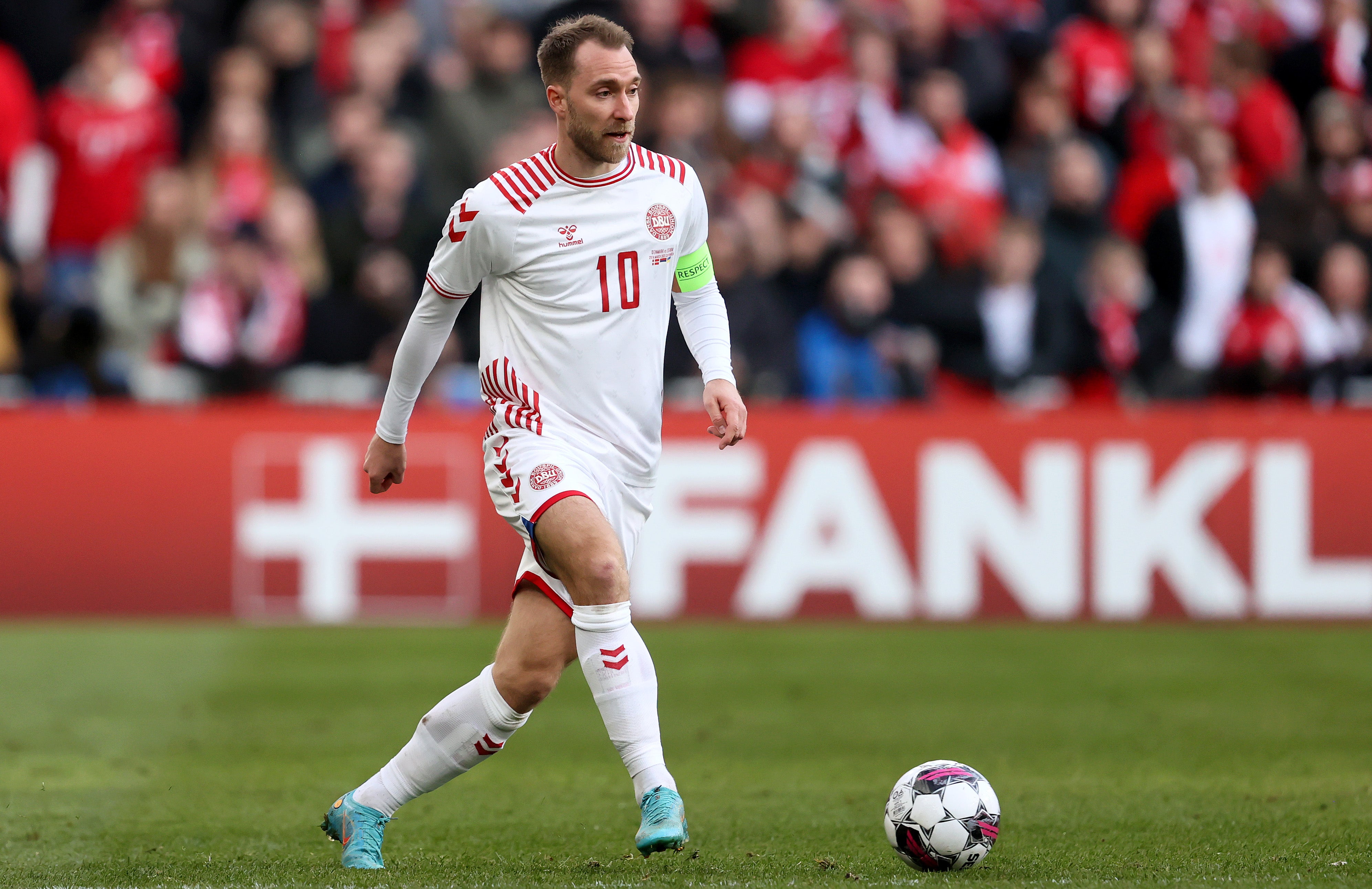 Eriksen in action at the Parken Stadium in 2022, when Denmark played Serbia