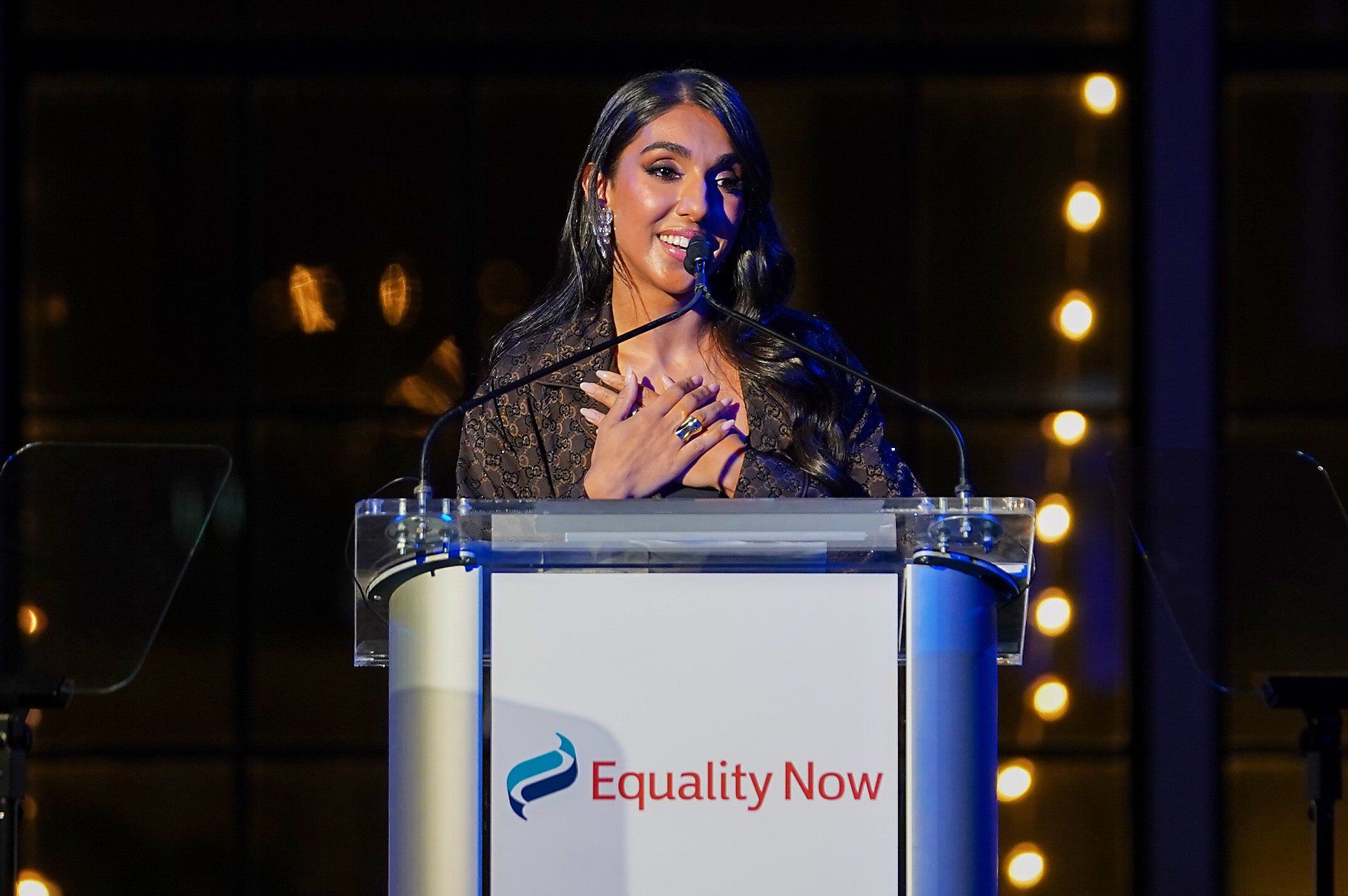 Rupi Kaur speaks onstage as Equality Now Hosts “Make Equality Reality” Gala at Guastavino’s on 11 October 2023 in New York City