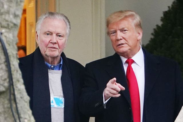 <p>Point of no return: Jon Voight and Donald Trump pal around outside the Oval Office in January 2020</p>