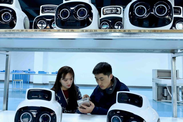 <p>Technicians check AI robots at a manufacturer in Zhangye, Gansu province</p>