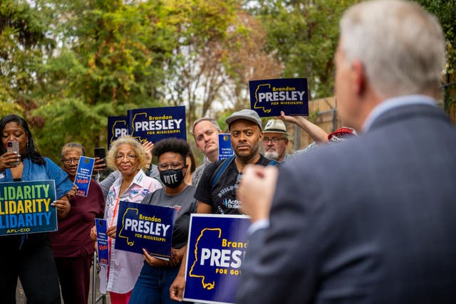 <p>Brandon Presley speaks to voters in Mississippi one day before Election Day</p>
