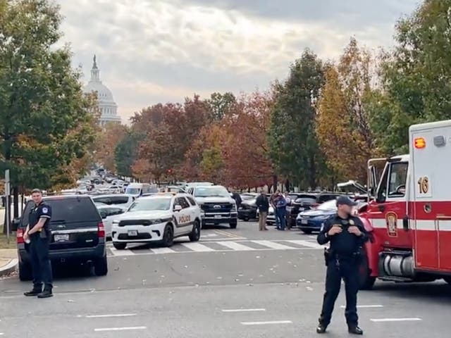 <p>US Capitol Police respond to a man with a rifle who was spotted walking outside Union Station near Capitol Hill in Washington DC</p>