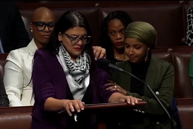 <p>Rashida Tlaib chokes up condemning resolution to censure her over Israel comments</p>