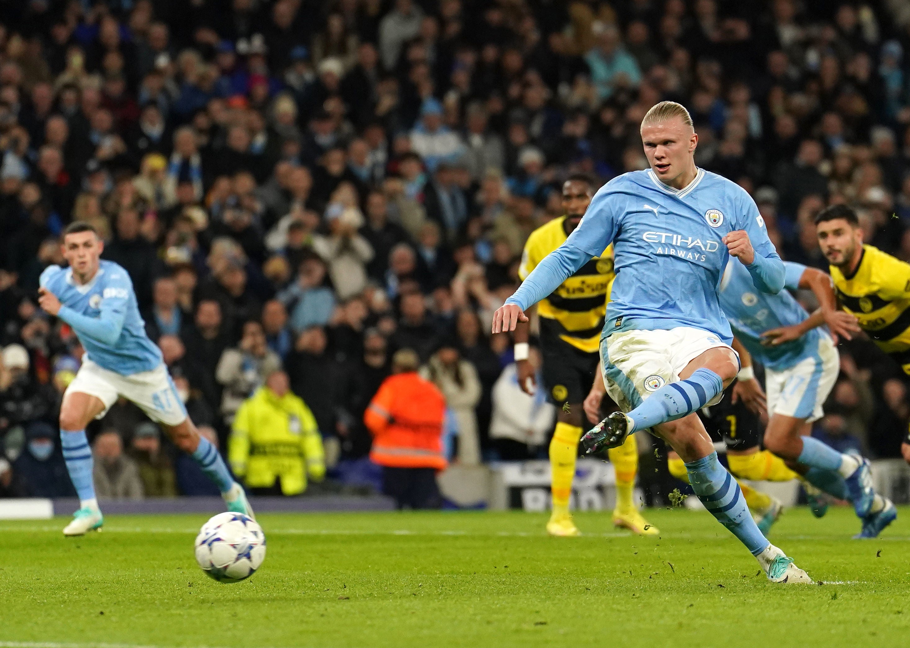 Erling Haaland scored the first of his two goals from the penalty spot