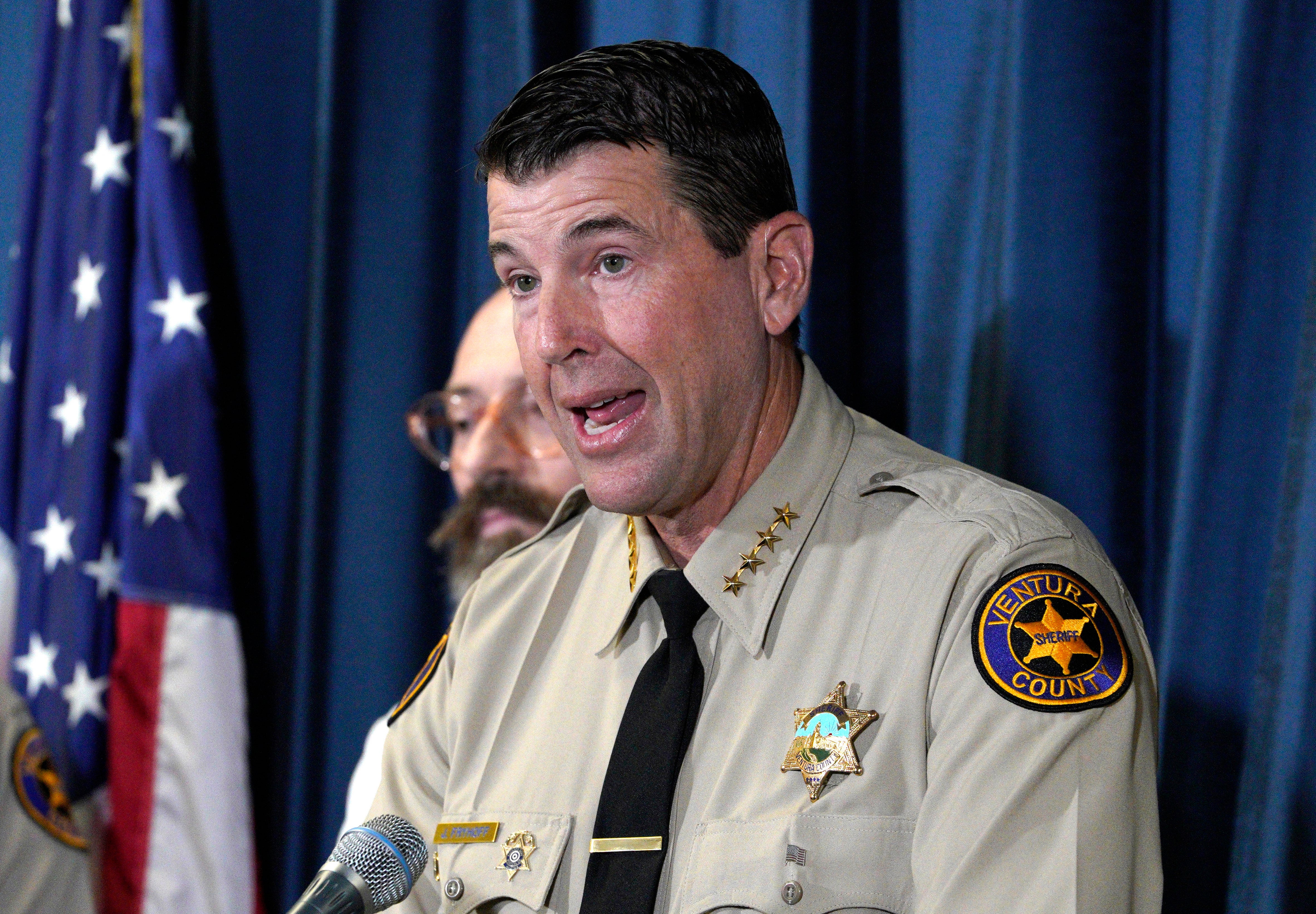 Ventura County Sheriff Jim Fryhoff takes questions during a news conference at the Ventura Sheriff's East County Station in Thousand Oaks, Calif., Tuesday, Nov. 7, 2023.