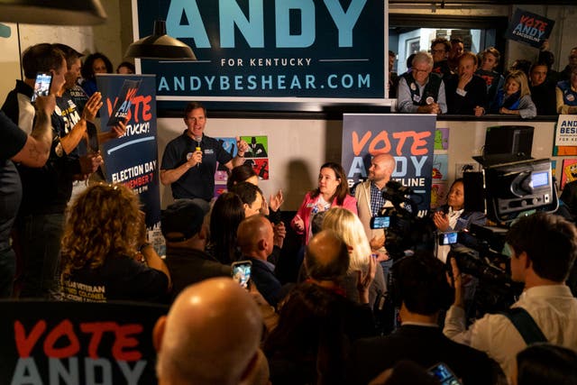 <p>Incumbent Gov Andy Beshear speaks to supporters</p>