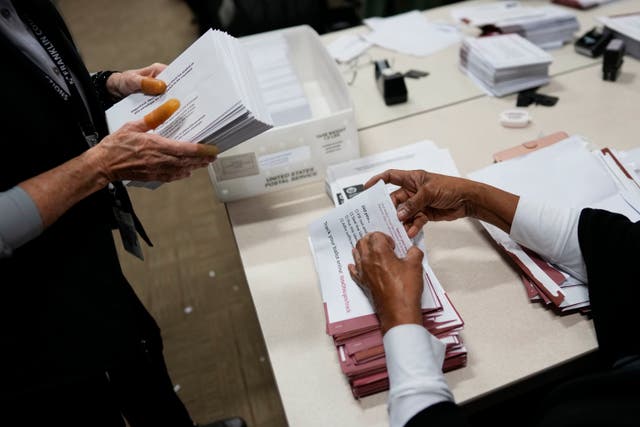 <p>Election officials Edith Ruth Sims, right, and Linda Sharritt, left, as part of a bipartisan team, process ballots on Election Day at the Franklin County Board of Elections in Columbus, Ohio, Tuesday, Nov. 7, 2023. Polls are open in a few states for off-year elections that could give hints of voter sentiment ahead of next year's critical presidential contest. (AP Photo/Carolyn Kaster)</p>