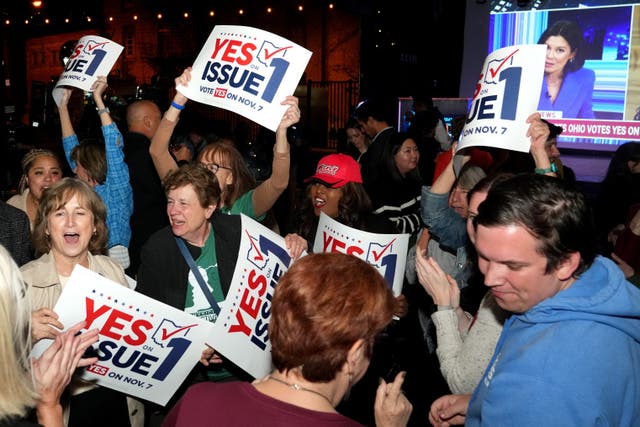 <p>Supporters react to the passage of Ohio Issue 1, a ballot measure to amend the state constitution and establish a right to abortion, at an election night party hosted by the Hamilton County Democratic Party at Knox Joseph Distillery in the Over-the-Rhine neighborhood of Cincinnati, Ohio, U.S. November 7, 2023</p>