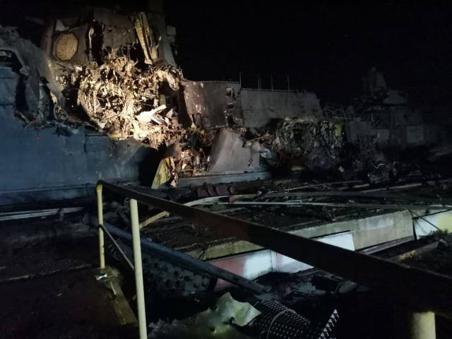 <p>Ukraine shares  an image of attack on Russian ship destroyed during cruise missile attack in Crimea’s Kerch </p>