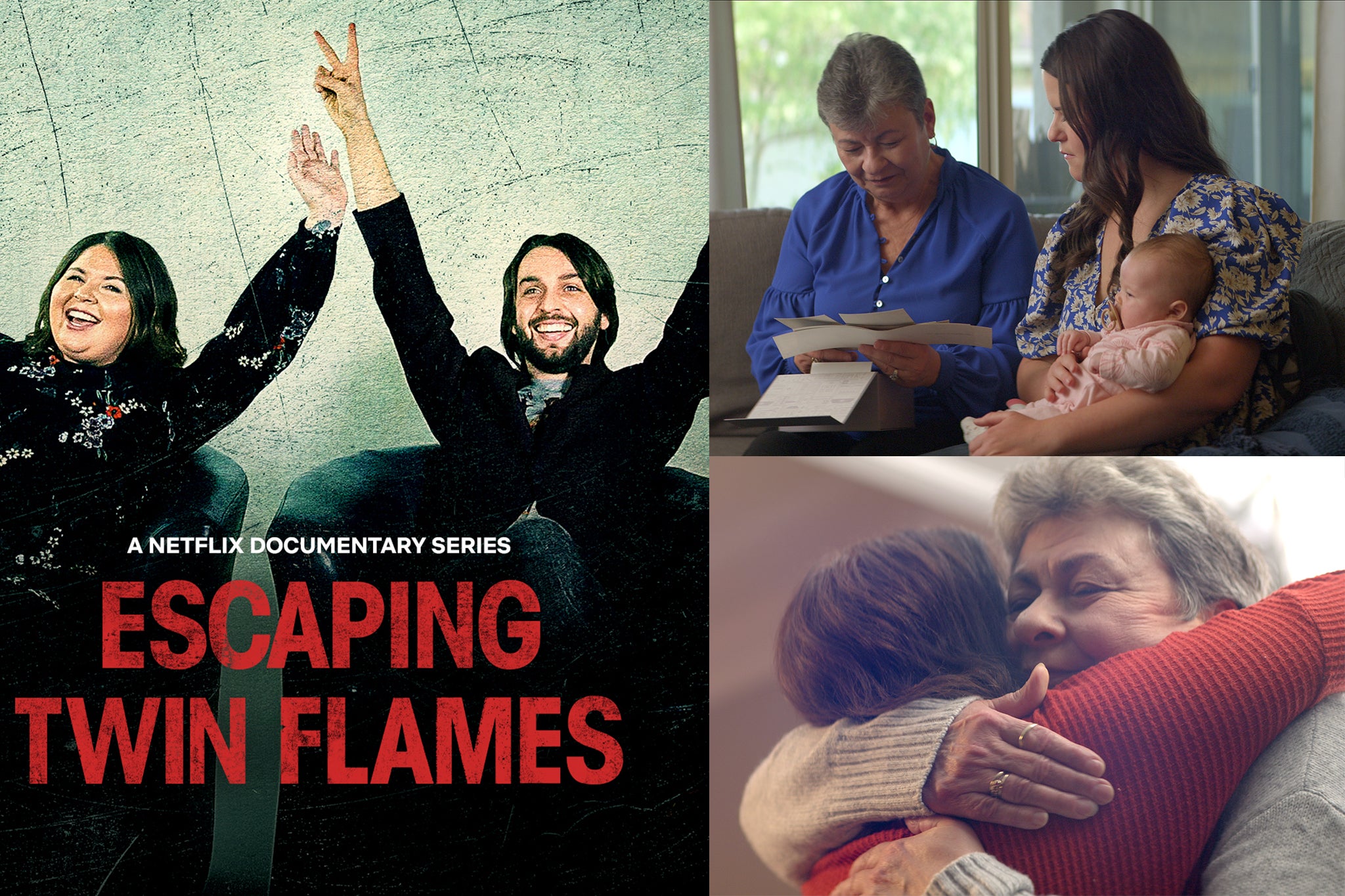Left: ‘Escaping Twin Flames’ on Netflix looks into Jeff and Shaleia Ayan (pictured); Top right: Louise Cole and Paula Hardy; Bottom right: Louise Cole and the mother of another Twin Flames Universe member