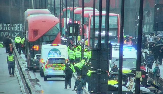 <p>The ambulance, which had its blue lights on, was blocked on Waterloo Bridge</p>