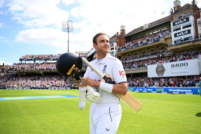 <p>Stuart Broad walks out at The Oval during his final Test match for England</p>