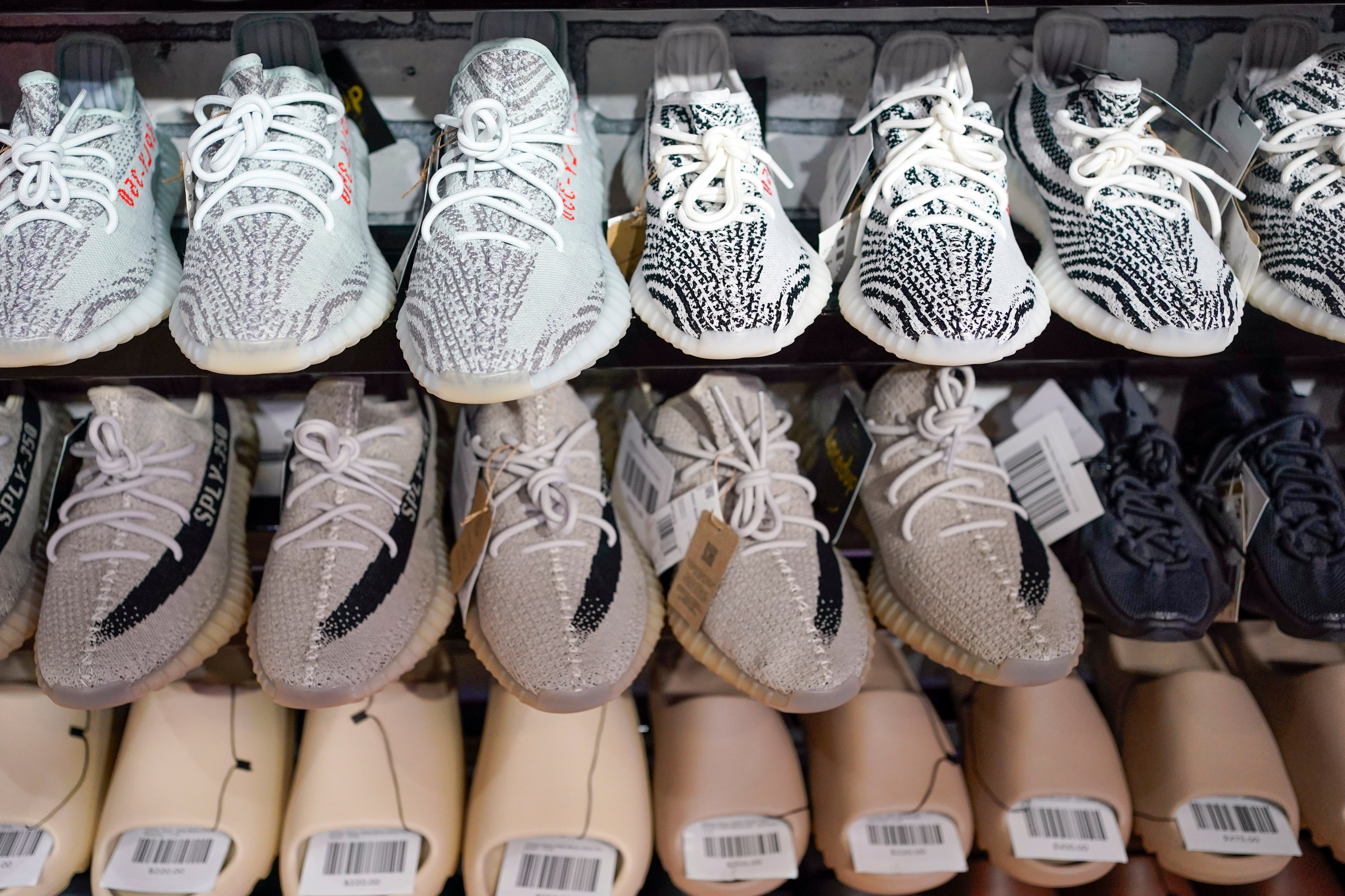 Yeezy shoes made by Adidas are displayed at Laced Up, a sneaker resale store