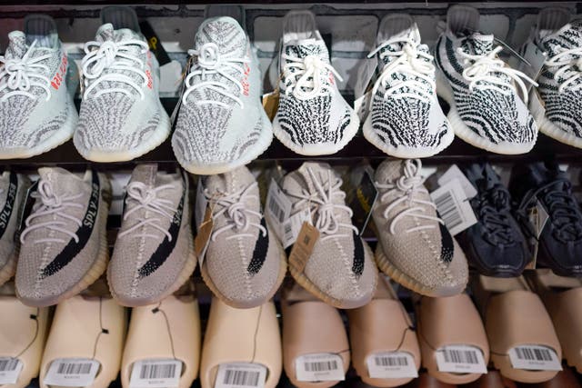 <p>Yeezy shoes made by Adidas are displayed at Laced Up, a sneaker resale store</p>