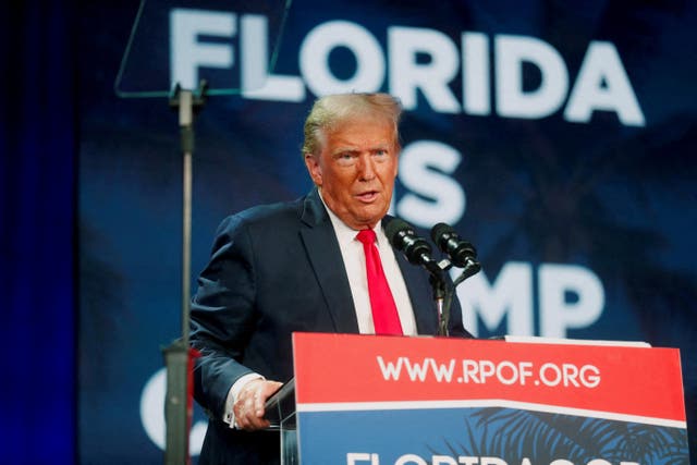 <p>Former U.S. President and Presidential Republican candidate Donald Trump speaks to his supporters during the Florida Freedom Summit held at the Gaylord Palms Resort & Convention Center in Kissimmee, Florida, U.S., November 4, 2023</p>