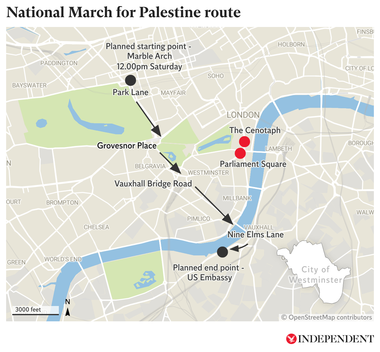 The route of Saturday’s pro-Palestine march from Hyde Park to the US Embassy in Vauxhall
